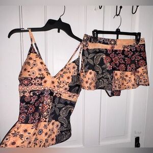 Peach & Black Floral PatchworkTwo piece Tankini with Mini Skirt - Women